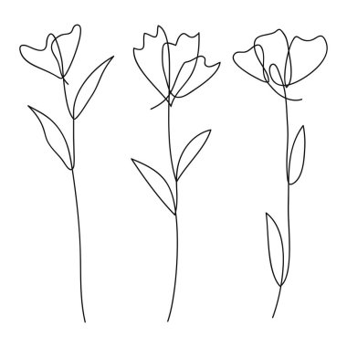 Tek satır sanat vektörü çiçek illüstrasyonu koleksiyonu. Vektör illüstrasyonu