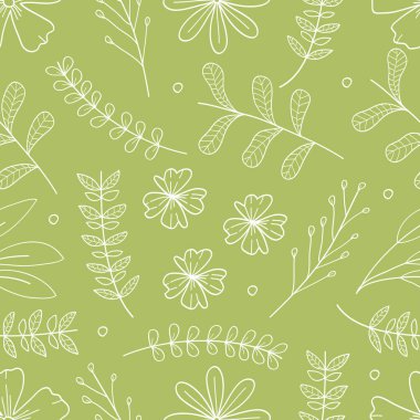 Yeşil desensiz dallar, yapraklar ve çiçekler el çizimi. Vektör illüstrasyonu