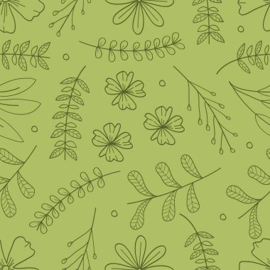 Yeşil desensiz dallar, yapraklar ve çiçekler el çizimi. Vektör illüstrasyonu