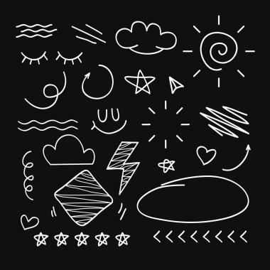 El çizimi karalama biçimi koleksiyonu siyah arkaplanda izole edildi. El çizimi vektör illüstrasyonu