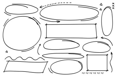 El çizimi tarzı daireler, oklar, dikdörtgen, dalga ve şekil koleksiyonu. Vektör illüstrasyonu