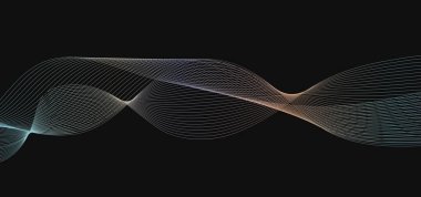 Karışım efektli değişken çoklu renk çizgileri. Çarpık kurdele arka planı, frekans ses dalgası eğrisi, teknoloji geometrik veri illüstrasyonu. Siyah arkaplanda izole dalga girdabı. Vektör illüstrasyonu