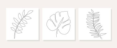 Bir çizgi vektör canavar yaprağı ve palmiye yaprağı çiziyor. Modern tek çizgi sanatı, estetik konsept. Posterler, duvar resimleri, çanta ya da tişört baskısı, çıkartma, mobil çanta gibi ev dekorasyonu için mükemmel