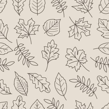 Seamless pattern of leaves in black line art isolated on brown background.Hand -drawn vector illustration