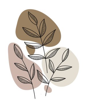 El çizimi Yapraklar ve siyah çizgi sanatında soyut taşlarla birlikte dallar. Vektör illüstrasyonu