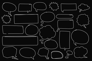 Siyah arka planda beyaz özellikli el yapımı konuşma baloncukları, karalama ve çizim stilleri içerir..