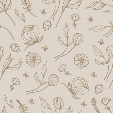 Çiçekler ve yapraklarla botanik desensiz desen. Düğün davetiyeleri, duvar kağıtları, tekstil, ambalaj kağıtları için vektör illüstrasyonu..