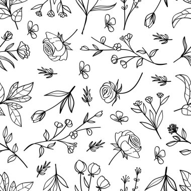 Kusursuz desenli gül çiçekleri ve bitkiler elle çizilmiş sanat beyaz arkaplanda izole edilmiş. Vektör illüstrasyonu