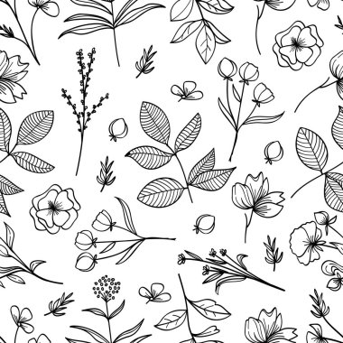 Karışık çiçek ve yapraklı botanik desensiz desen. Düğün davetiyeleri, duvar kağıtları, tekstil, ambalaj kağıtları için vektör illüstrasyonu..