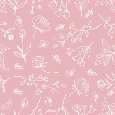 Pembe arka planda botanik desensiz lin sanatı. Düğün davetiyeleri için vektör illüstrasyonu, duvar kağıdı, tekstil, ambalaj kağıdı..