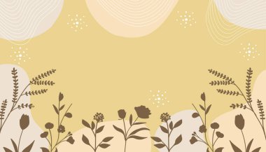 Elle çizilmiş siluet botanik afiş arkaplanı sıcak kahverengi tonlarda. Markalaşma, davetiyeler, ambalajlama, web tasarımı ve doğa temalı projeler için ideal.