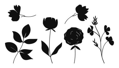 Çeşitli çiçek ve yaprakların yer aldığı el yapımı botanik çiçek siluetleri. Doğa temalı tasarımlar, markalaşma, tekstil ve dekoratif elementler için mükemmel..