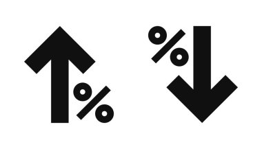 Yüzde işaretli yukarı ve aşağı ok glifinin simgesi. Mali büyüme, düşüş, faiz oranları, bankacılık, kredi, yatırım ve ekonomik eğilimleri temsil ediyor.