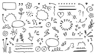 Konuşma baloncukları, oklar, kalpler, yıldızlar ve dekoratif çizgiler de dahil olmak üzere el yapımı karalama elementleri koleksiyonu. Yaratıcı tasarımlar, çizgi romanlar, sosyal medya ve sanatsal projeler için mükemmel..