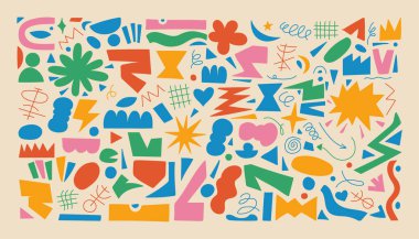 Pastel renklere, geometrik şekillere, saf çizgilere ve ilkel figürlere sahip eğlenceli soyut karalamalardan oluşan canlı bir koleksiyon. Yıldızlar, karalamalar, zikzaklar ve sanatsal kompozisyonlar içeren el yapımı vektör ögeleri.