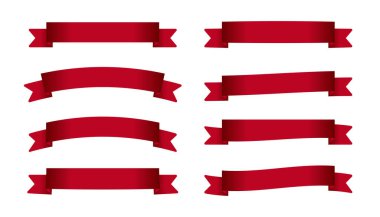 Kırmızı Kurdele afiş koleksiyonu. Kurdele seti. Vektör illüstrasyonu. Kurdele vektör koleksiyonu.