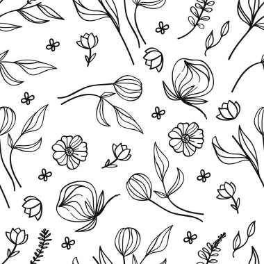 El yapımı botanik çiçekleri ve beyaz arka planda izole edilmiş yapraklarla kusursuz desen, klasik ve doğa temalı tasarımlar için mükemmel..