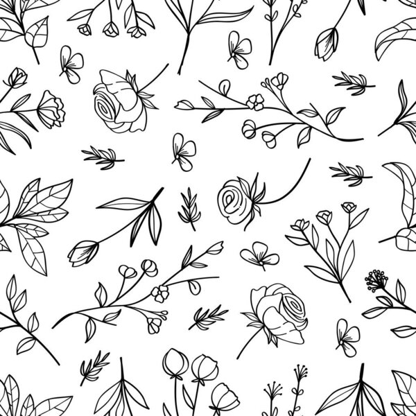 Бесшовный рисунок розовые цветы и растения ручной работы линии искусства изолированы на белом фоне.