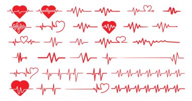 Kalp atışı hattı. İnfografik, logo, uygulama geliştirme ve web sitesi tasarımı için ince çizgi vektör kümesi. Kalp ritmi, elektrokardiyogram, EKG sinyali.