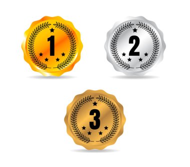 Altın, gümüş ve bronz madalyalardan oluşan yüksek kalite bir rozet vektörü. Rekabet, sıralama ve başarı tasarımları için mükemmel.