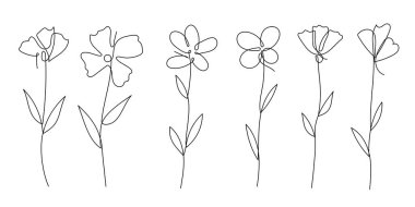 Modern ve modaya uygun bir botanik çiçek çizimi seti çok az tek satır şeklinde oluşturuldu. Logo tasarımı, duvar sanatı ve dijital içerik için mükemmel.
