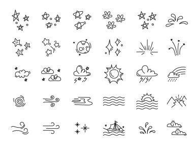 Güneş, yıldızlar, bulutlar, yağmur, şimşek, dalgalar ve rüzgarın yer aldığı el yapımı karalama doğa elementleri. Bu hava temalı vektör çizimi dijital tasarımlar, markalaşma, davetiyeler, eğitim materyalleri için mükemmeldir.