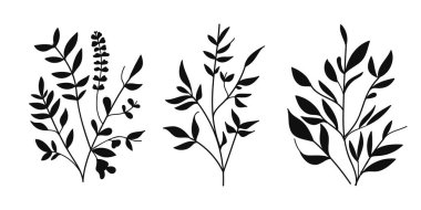 Siluet Çiçek Toplama Düğün Davetiyeleri. Dekorasyon için yeşillik, yabani ve bahçe bitkileri, dallar, yapraklar. Logo, dövme, düğün davetiyesi için vektör illüstrasyonu, tarih kartını kaydet.