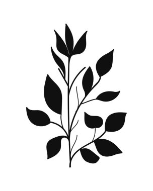Siluet siyah çiçek süslemesi. Vahşi ve bahçe bitkileri, dallar, yapraklar. Logo, dövme, düğün davetiyesi için vektör illüstrasyonu, tarih kartını kaydet.
