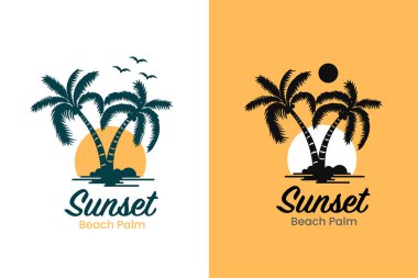 Kıyı konseptinde günbatımı manzaralı klasik palmiye ağacı logosu tasarımı.