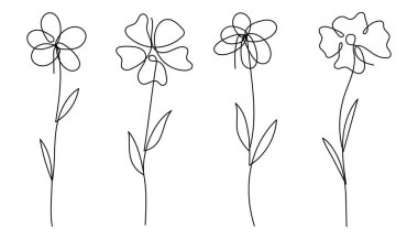 Zarif botanik tasarımların yer aldığı el yapımı tek çizgili çiçek çizimleri koleksiyonu. Modern markalaşma, davetiyeler, posterler ve minimalist dekorasyon için mükemmel..