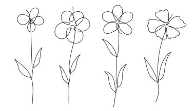 Sürekli tek satır tekniği kullanan güzel bir çiçek illüstrasyonları koleksiyonu. Moda baskıları, dijital tasarımlar ve zarif kırtasiye malzemeleri için ideal..