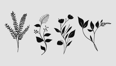 Düğün Davetiyeleri için Siluet Çiçek Koleksiyonu. Elle çizilmiş vektör çizimi.