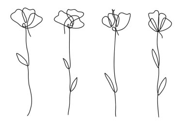 Çizgi sanat çiçeği çizimleri koleksiyonu, her biri beyaz arkaplana karşı basit, siyah çizgilerle betimlenmiş, tek bir çiçeğin çiçeklenmesinin biraz farklı bir aşamasını gösteriyor..