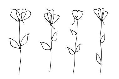 Tek çizgi sanat çiçekleri botanik koleksiyonu. El çizimi vektör illüstrasyonu