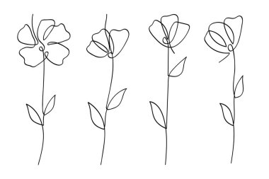 Tek çizgi sanat çiçekleri botanik koleksiyonu. El çizimi vektör illüstrasyonu