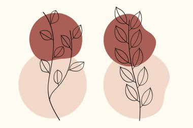 Kahverengi taşlı tropik yaprak çizgisi sanatı Boho tarzı. Vektör illüstrasyonu..