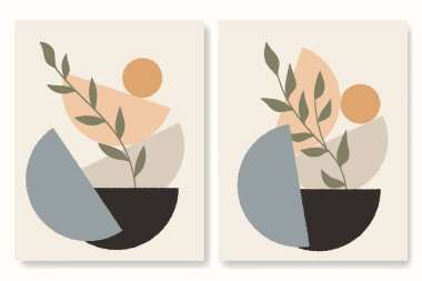 Soyut geometrik şekiller ve modern tarzda tasarlanmış hassas yapraklardan oluşan minimalist bir botanik çizim..