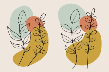 Soyut botanik şekilleri içeren, sarı, yeşil ve turuncu yumuşak arka planlara sahip minimalist dijital bir illüstrasyon, siyah çizgilerle narin bitki formlarını vurguluyor..