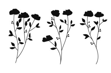 Botanik yapraklı siluet çiçekleri. Vektör illüstrasyonları.