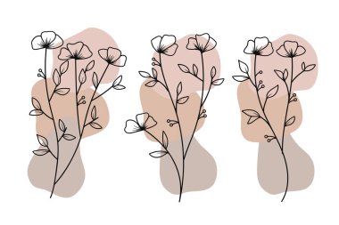 Botanik Duvar Sanatı Vector Earth Tone Yaprak Çizgisi Sanat Koleksiyonu. Vektör illüstrasyonu