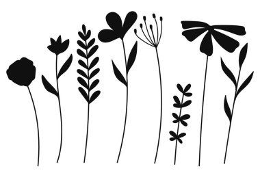 Siluetler çiçek botanik koleksiyonu. Vektör illüstrasyonu