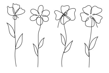 Tek satır sanat vektörü çiçek illüstrasyon koleksiyonu. Sürekli bir çizgi. Çiçek koleksiyonu. Vektör illüstrasyonu..