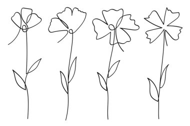Tek çizgi sanat çiçekleri botanik koleksiyonu. El çizimi vektör illüstrasyonu