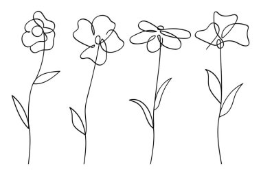 Tek çizgi sanat çiçekleri botanik koleksiyonu. El çizimi vektör illüstrasyonu