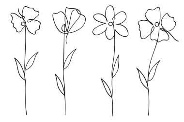 Tek çizgi sanat çiçekleri botanik koleksiyonu. El çizimi vektör illüstrasyonu