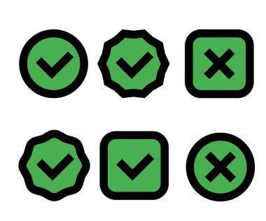 İşaretleme simgesi. Yeşil ve siyah işaretli vektör koleksiyonu. İşaretli kutucuk işareti. Vektör illüstrasyonu