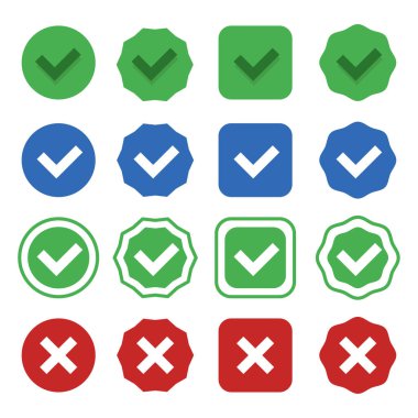 İşaretleme simgeleri mavi, yeşil, siyah ve kırmızı izole edilmiş beyaz arka planda doğru ve yanlış seçimler. İşaretleme işareti doğru ve yanlış işaret işareti. Onaylanmış sembol.