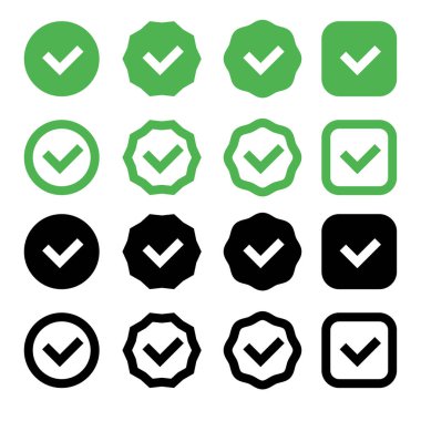 İşaretleme simgesi. Yeşil ve siyah işaretli vektör ayarlandı. İşaretli kutucuk işareti. Vektör illüstrasyonu