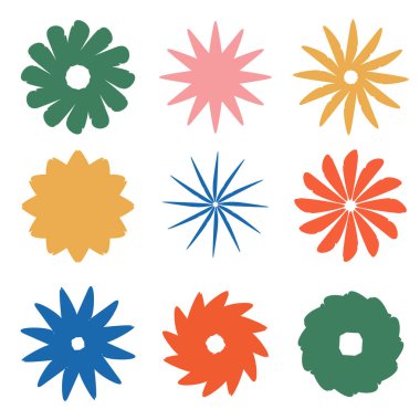 Değişik renkte soyut çiçek desenlerinin canlı bir koleksiyonu, oyuncu şekiller ve dokular, yaratıcı ve doğadan esinlenilmiş tasarımlar için ideal..