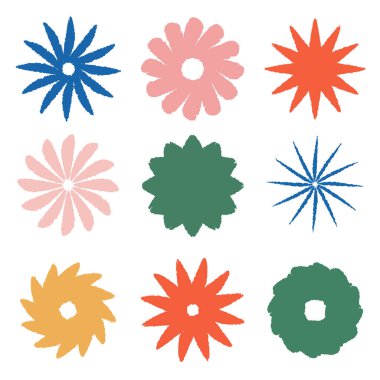 Değişik renkte soyut çiçek desenlerinin canlı bir koleksiyonu, oyuncu şekiller ve dokular, yaratıcı ve doğadan esinlenilmiş tasarımlar için ideal..